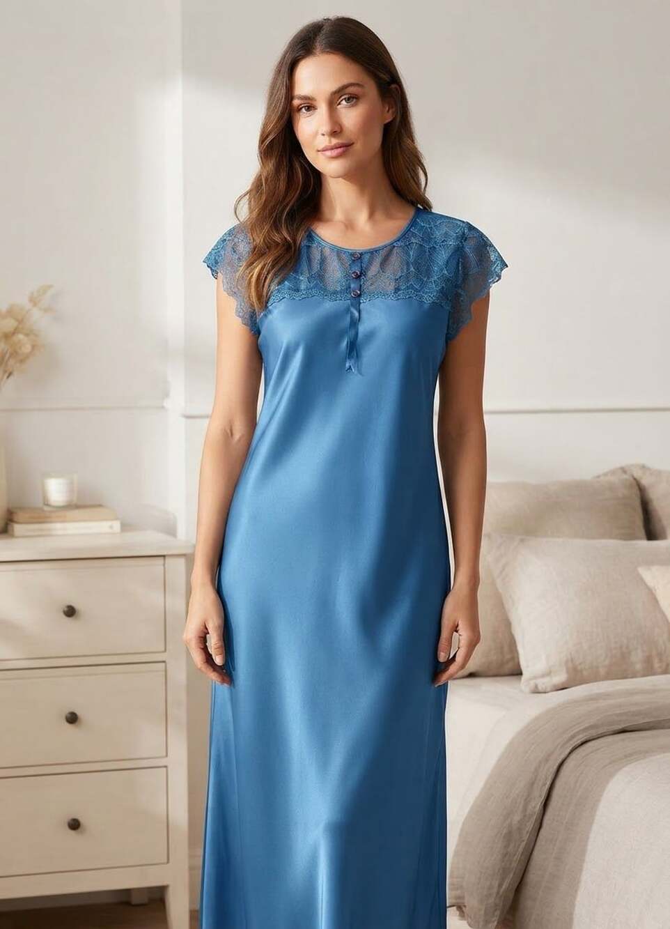 Skkinvalue Nightgown Size M/L Blue Silky Lace